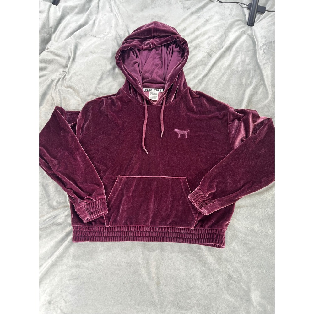 PINK Victorias Secret Velour Hoodie Womens XS Burgundy Velvet Crop Sweatshirt